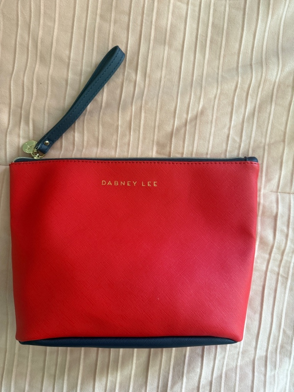 Dabney Lee Red Zip Wristlet with Navy Strap toiletries Travel Bag or Make Up Bag - Picture 9 of 9